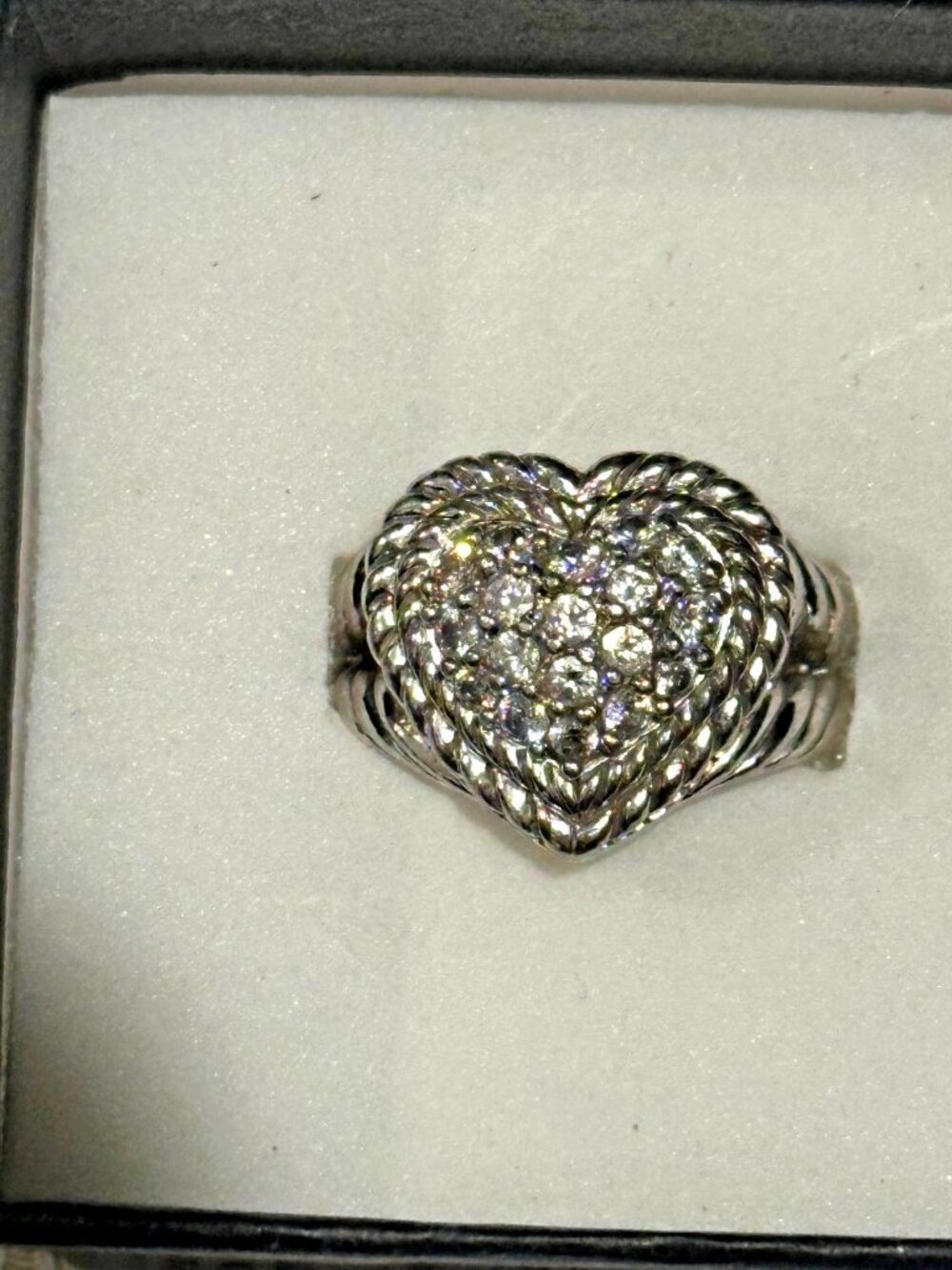 Judith Ripka Sterling Silver CZ Pave Cable Heart Ring Size 4.75, Weight: 10g. - Picture 2 of 8